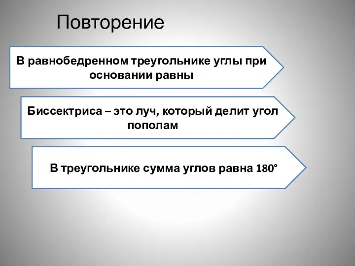 Повторение В равнобедренном треугольнике углы при основании равны Биссектриса – это