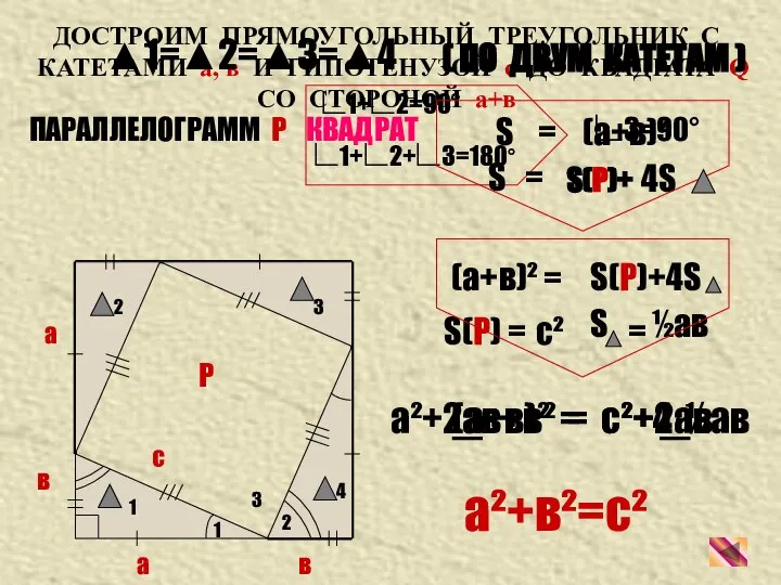 ДОСТРОИМ ПРЯМОУГОЛЬНЫЙ ТРЕУГОЛЬНИК С КАТЕТАМИ а, в И ГИПОТЕНУЗОЙ с ДО