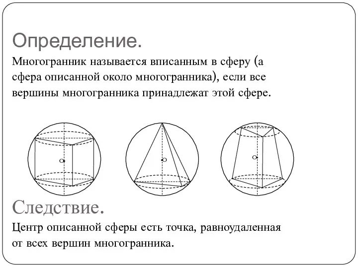 Определение. Многогранник называется вписанным в сферу (а сфера описанной около многогранника),