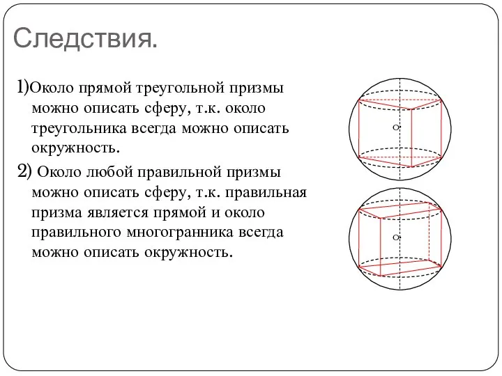 Следствия. 1)Около прямой треугольной призмы можно описать сферу, т.к. около треугольника