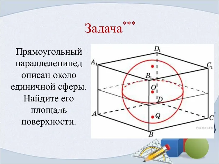 Задача*** Прямоугольный параллелепипед описан около единичной сферы. Найдите его площадь поверхности.