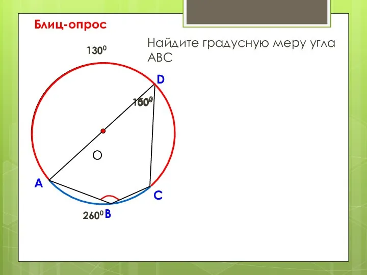 Блиц-опрос А D В Найдите градусную меру угла АВС 500 1000 С 2600 1300 О