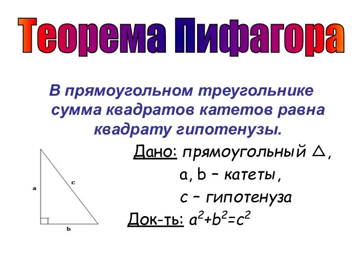 В прямоугольном треугольнике сумма квадратов катетов равна квадрату гипотенузы. Дано: прямоугольный