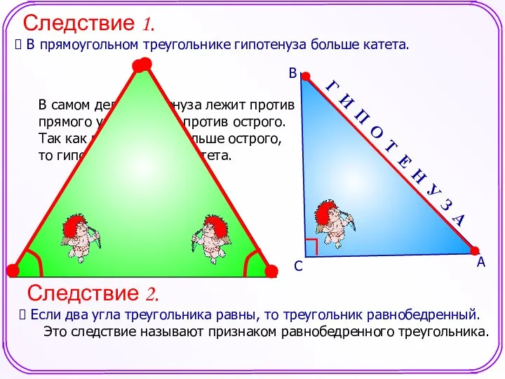 Следствие 2. Если два угла треугольника равны, то треугольник равнобедренный. Это