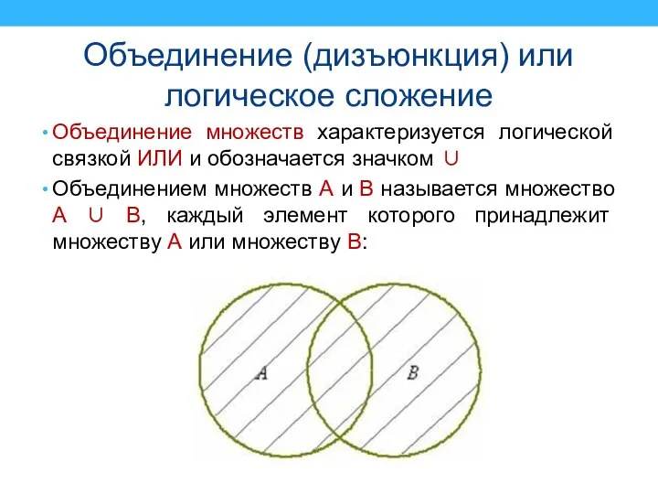 Объединение (дизъюнкция) или логическое сложение Объединение множеств характеризуется логической связкой ИЛИ