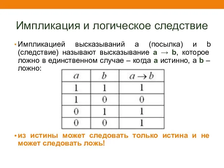 Импликация и логическое следствие Импликацией высказываний a (посылка) и b (следствие)