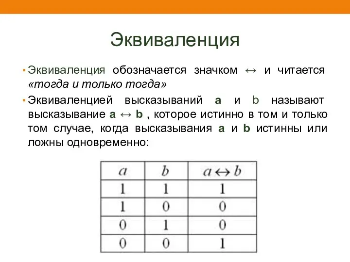 Эквиваленция Эквиваленция обозначается значком ↔ и читается «тогда и только тогда»