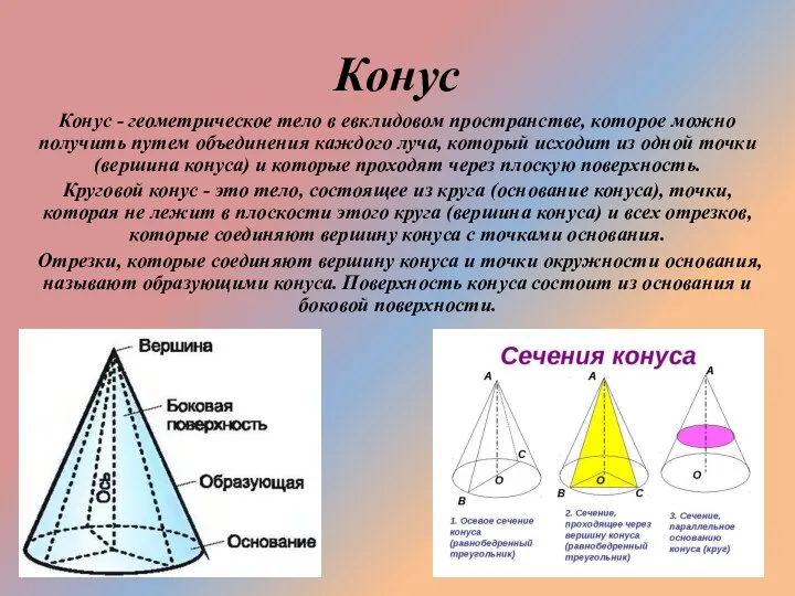 Конус Конус - геометрическое тело в евклидовом пространстве, которое можно получить