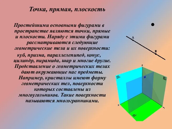 Простейшими основными фигурами в пространстве являются точки, прямые и плоскости. Наряду