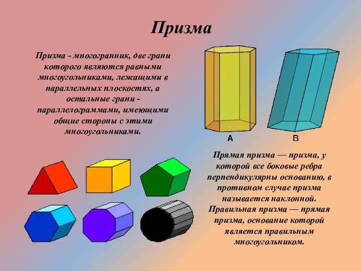 Призма Призма - многогранник, две грани которого являются равными многоугольниками, лежащими