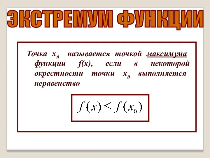 ЭКСТРЕМУМ ФУНКЦИИ Точка х0 называется точкой максимума функции f(x), если в