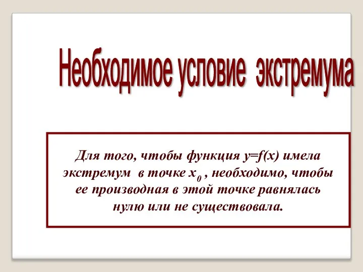 Необходимое условие экстремума Для того, чтобы функция y=f(x) имела экстремум в