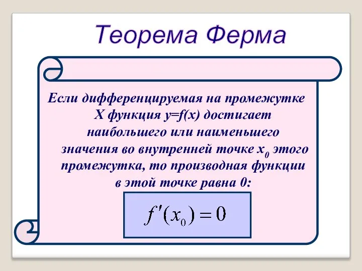 Теорема Ферма Если дифференцируемая на промежутке Х функция y=f(x) достигает наибольшего