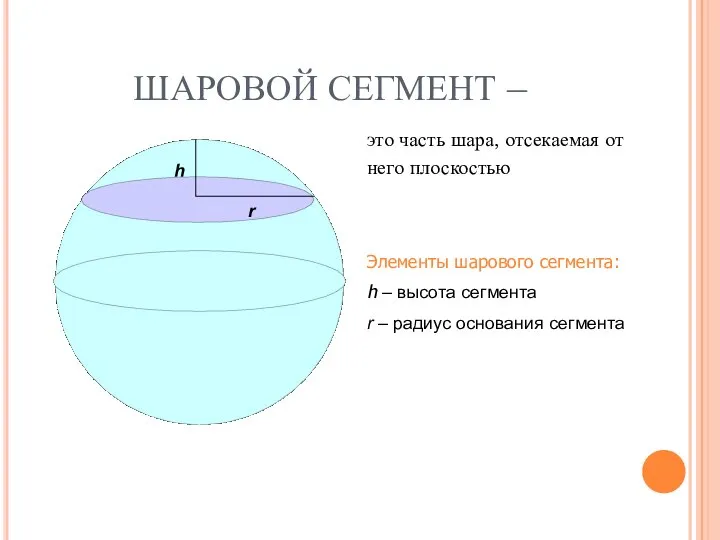 ШАРОВОЙ СЕГМЕНТ – это часть шара, отсекаемая от него плоскостью Элементы