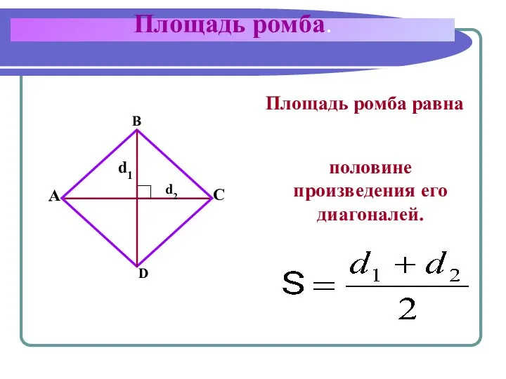 Площадь ромба. Площадь ромба равна A B C D d1 d2 половине произведения его диагоналей.