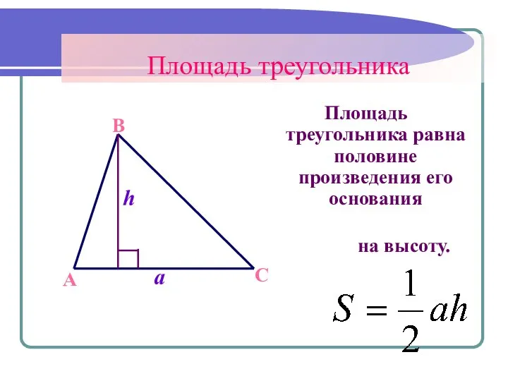 Площадь треугольника Площадь треугольника равна половине произведения его основания A B C a h на высоту.