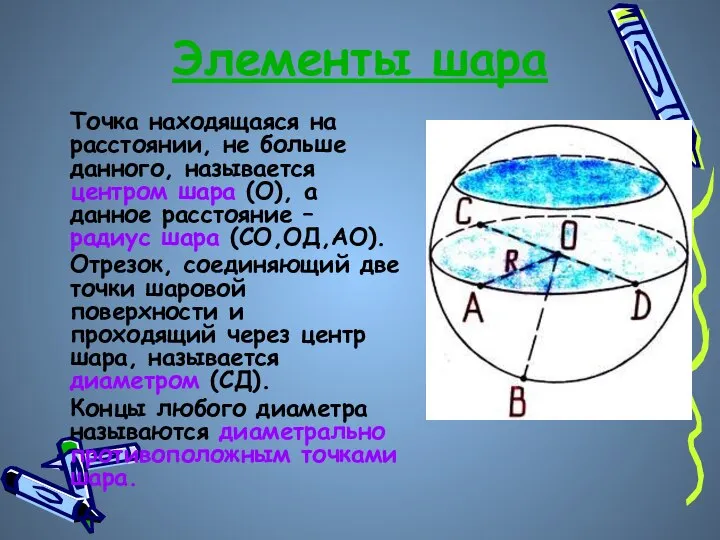 Элементы шара Точка находящаяся на расстоянии, не больше данного, называется центром