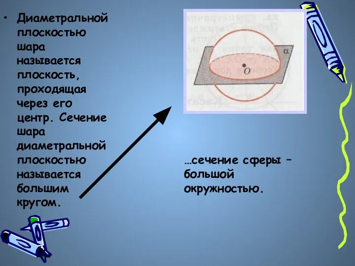 Диаметральной плоскостью шара называется плоскость, проходящая через его центр. Сечение шара