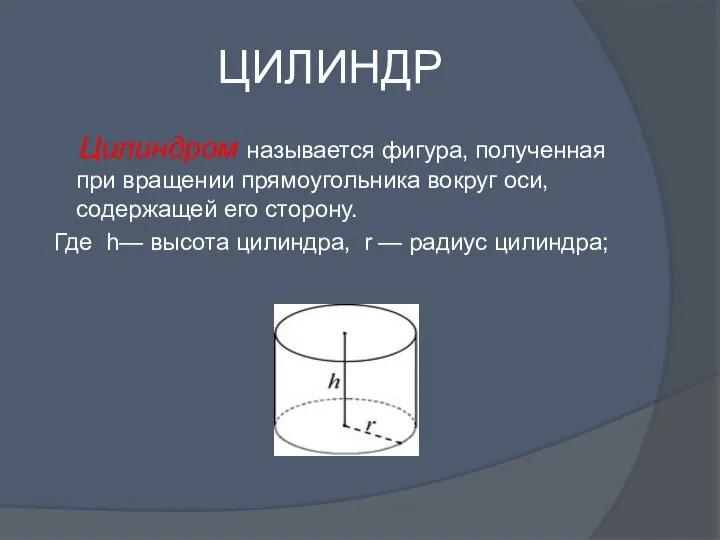 ЦИЛИНДР Цилиндром называется фигура, полученная при вращении прямоугольника вокруг оси, содержащей