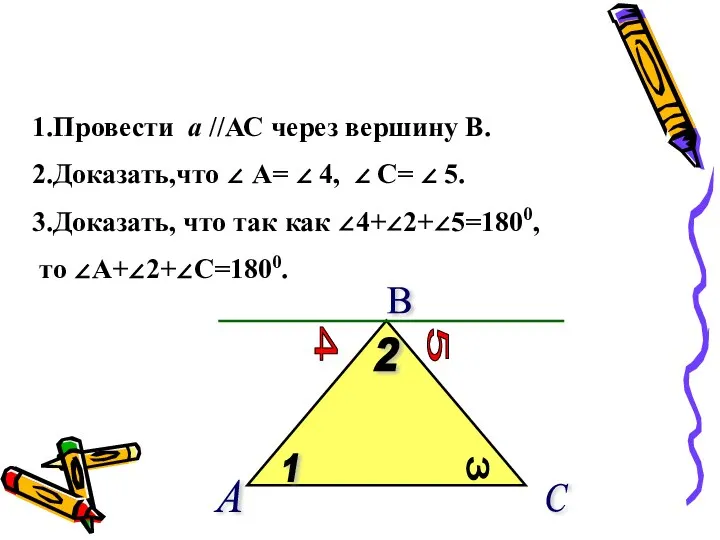 1.Провести а //АС через вершину В. 2.Доказать,что ∠ A= ∠ 4,