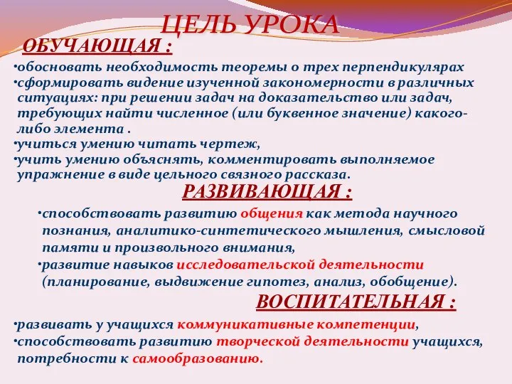 ОБУЧАЮЩАЯ : обосновать необходимость теоремы о трех перпендикулярах сформировать видение изученной