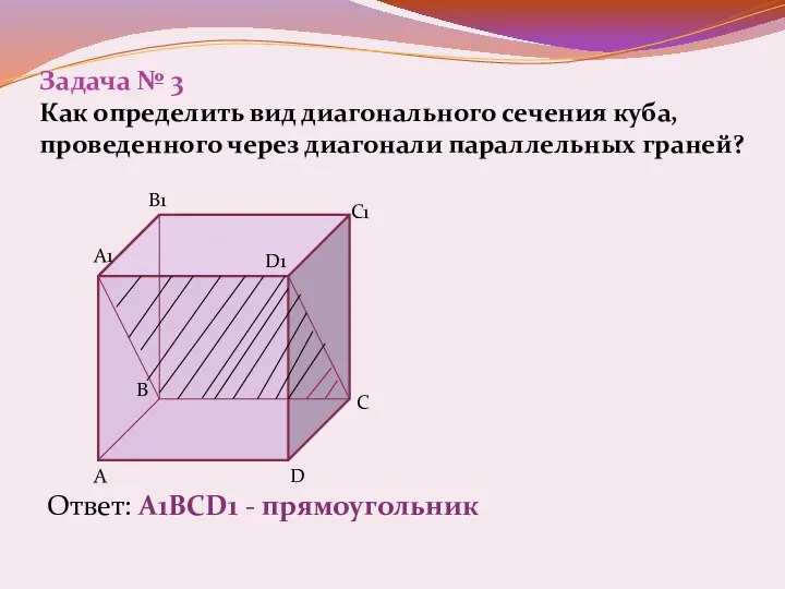 Задача № 3 Как определить вид диагонального сечения куба, проведенного через