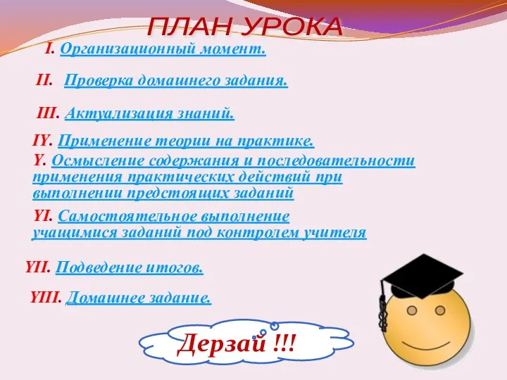 Проверка домашнего задания. ПЛАН УРОКА I. Организационный момент. III. Актуализация знаний.