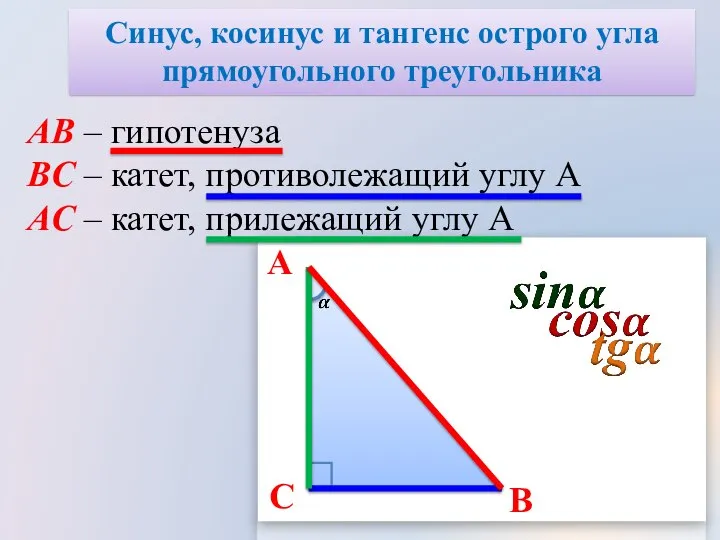 A B C AB – гипотенуза BC – катет, противолежащий углу