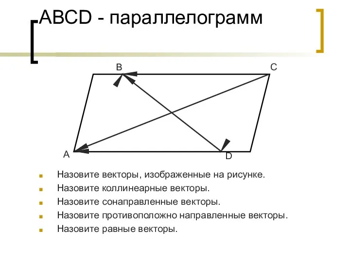 АВСD - параллелограмм Назовите векторы, изображенные на рисунке. Назовите коллинеарные векторы.