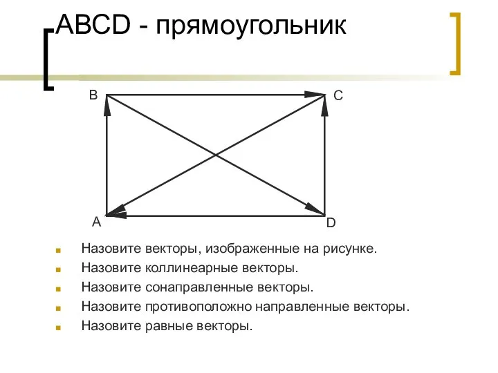 АВСD - прямоугольник Назовите векторы, изображенные на рисунке. Назовите коллинеарные векторы.