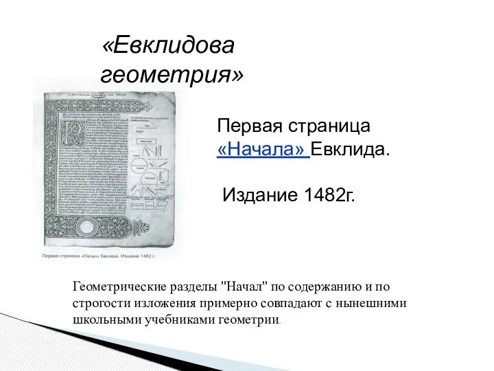 Первая страница «Начала» Евклида. Издание 1482г. Геометрические разделы "Начал" по содержанию