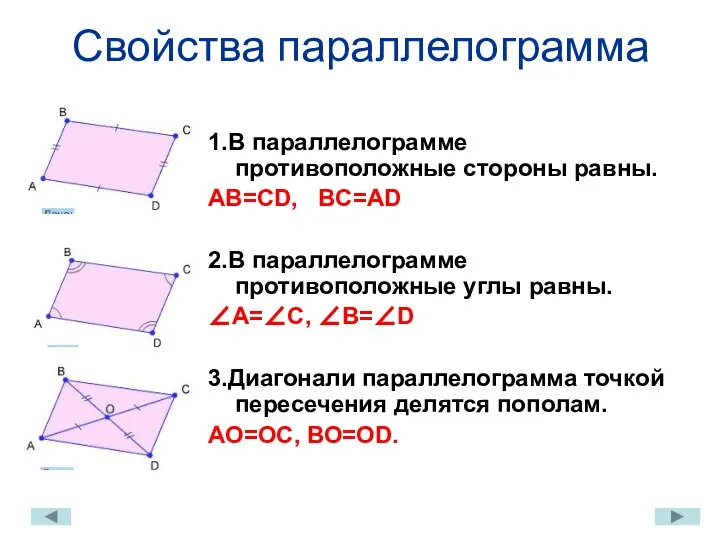 Свойства параллелограмма 1.В параллелограмме противоположные стороны равны. АВ=CD, BC=AD 2.В параллелограмме