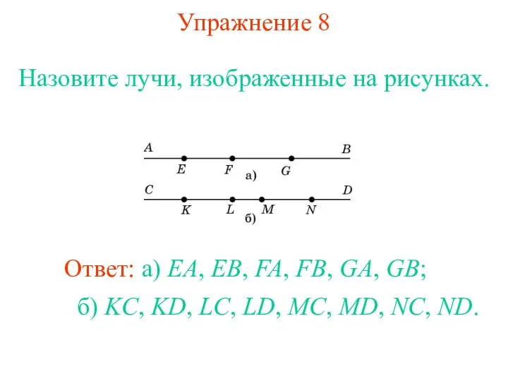 Упражнение 8 Назовите лучи, изображенные на рисунках. Ответ: а) EA, EB,