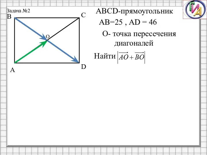 Задача №2 АВСD-прямоугольник АВ=25 , AD = 46 О- точка пересечения