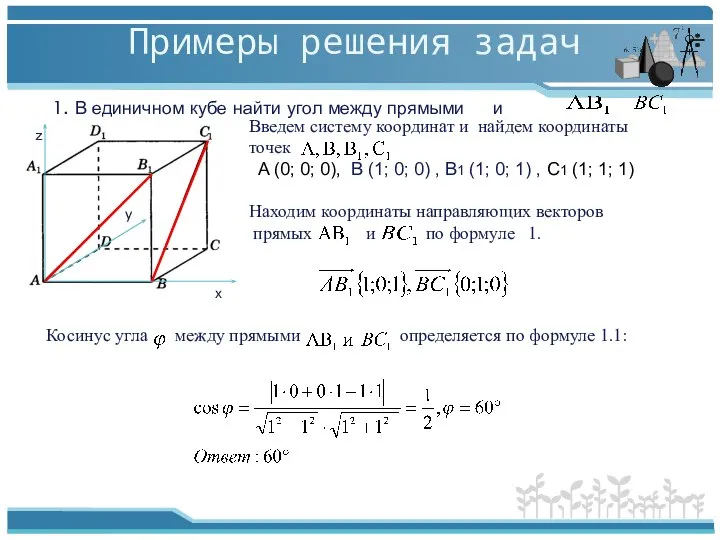 Примеры решения задач 1. В единичном кубе найти угол между прямыми