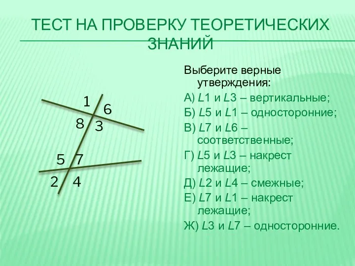 ТЕСТ НА ПРОВЕРКУ ТЕОРЕТИЧЕСКИХ ЗНАНИЙ Выберите верные утверждения: А) L1 и