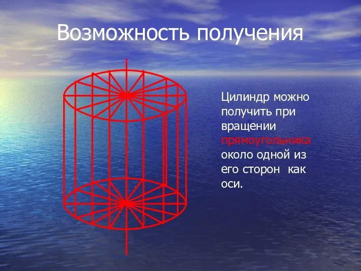 Возможность получения Цилиндр можно получить при вращении прямоугольника около одной из его сторон как оси.