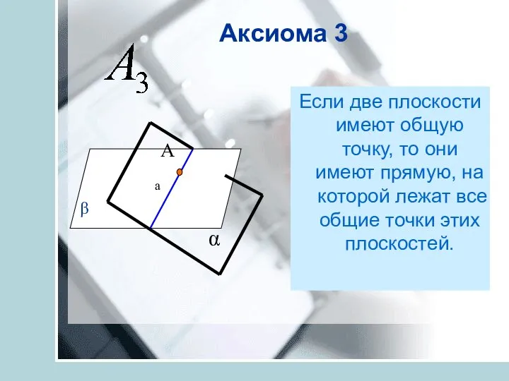 Аксиома 3 Если две плоскости имеют общую точку, то они имеют