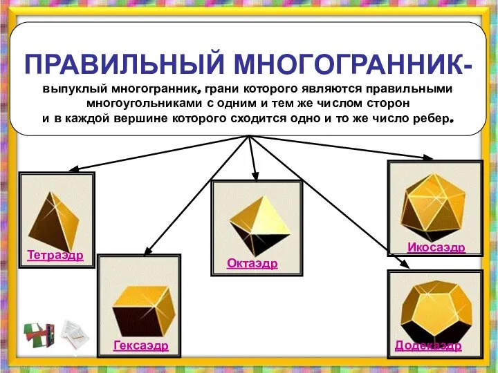 ПРАВИЛЬНЫЙ МНОГОГРАННИК- выпуклый многогранник, грани которого являются правильными многоугольниками с одним