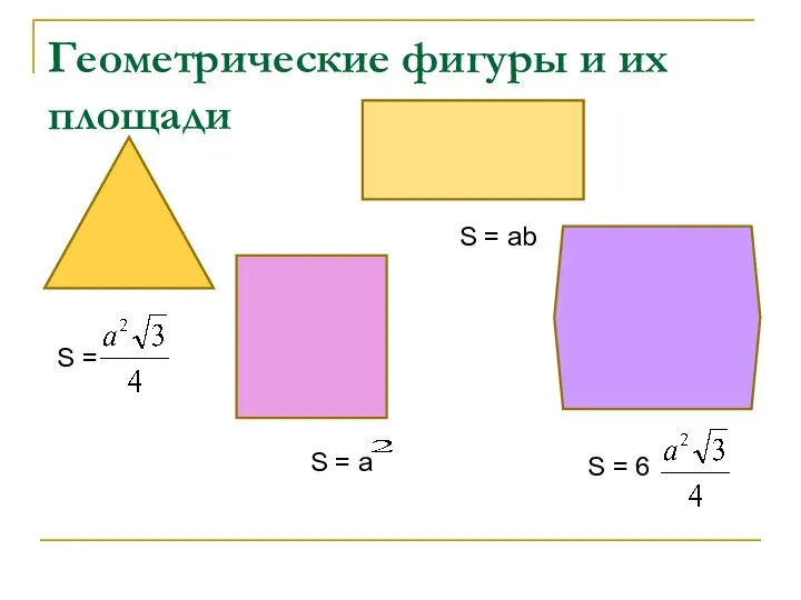 Геометрические фигуры и их площади S = S = a S = ab S = 6