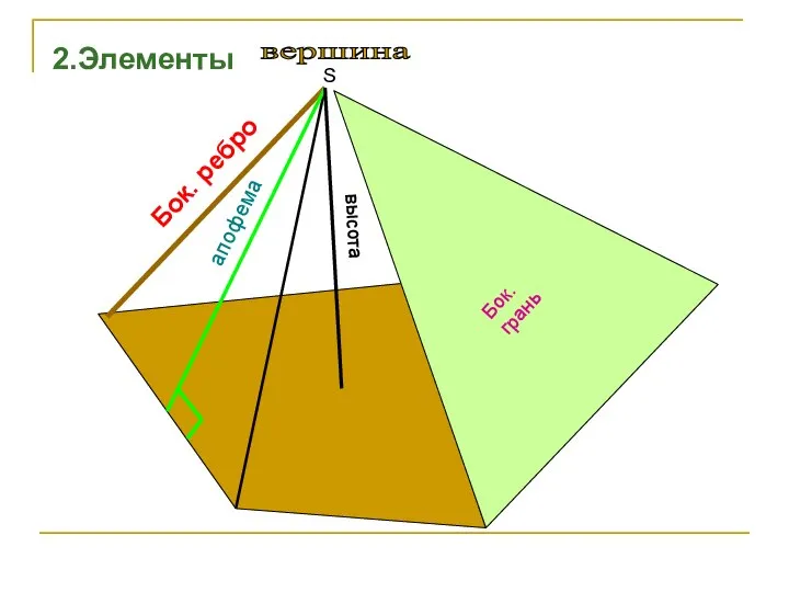 S вершина высота апофема Бок. грань 2.Элементы Бок. ребро