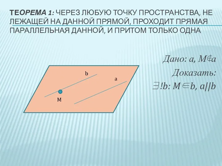 ТЕОРЕМА 1: ЧЕРЕЗ ЛЮБУЮ ТОЧКУ ПРОСТРАНСТВА, НЕ ЛЕЖАЩЕЙ НА ДАННОЙ ПРЯМОЙ,