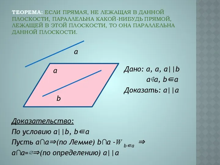 ТЕОРЕМА: ЕСЛИ ПРЯМАЯ, НЕ ЛЕЖАЩАЯ В ДАННОЙ ПЛОСКОСТИ, ПАРАЛЛЕЛЬНА КАКОЙ-НИБУДЬ ПРЯМОЙ,