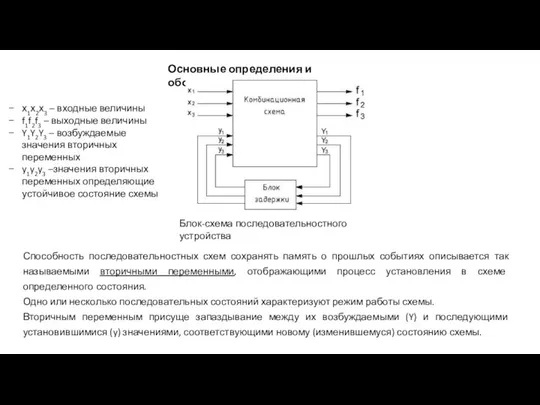 Основные определения и обозначения Блок-схема последовательностного устройства х1х2х3 – входные величины