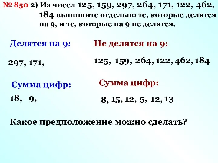 № 850 2) Из чисел 125, 159, 297, 264, 171, 122,