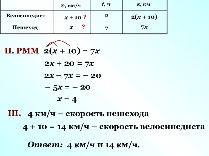 II. РММ 2(х + 10) = 7х 2х + 20 =