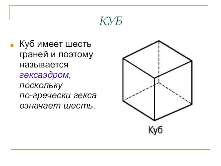 КУБ Куб имеет шесть граней и поэтому называется гексаэдром, поскольку по-гречески