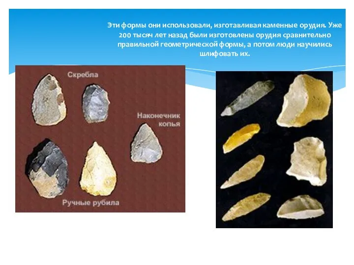Эти формы они использовали, изготавливая каменные орудия. Уже 200 тысяч лет