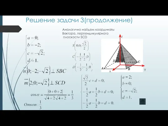 Решение задачи 3(продолжение) Аналогично найдем координаты Вектора, перпендикулярного плоскости SCD