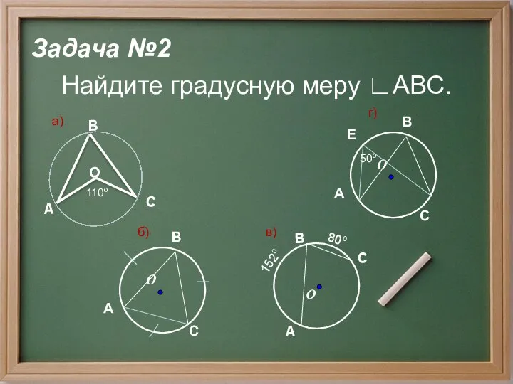 Задача №2 Найдите градусную меру ∟АВС. 110о Е 50о 152о 80о а) б) в) г)